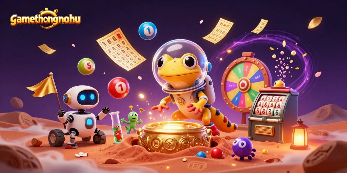 gamethuongnohu features a Martian gecko discovering a golden casino with vibrant elements and lottery effects