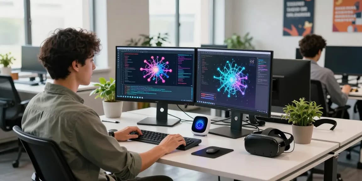 Dynamic office scene with a professional exploring AI 18+ innovations