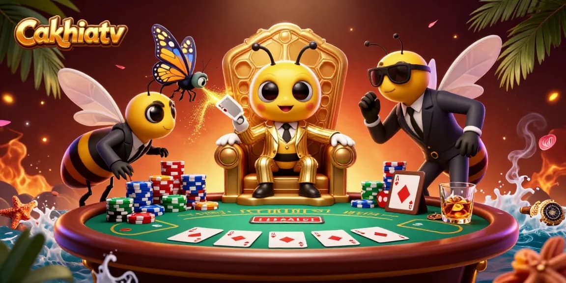 Cakhiatv showcases a vibrant, dynamic 3D cartoon scene of a gambling-themed bumblebee mob boss at a poker table.