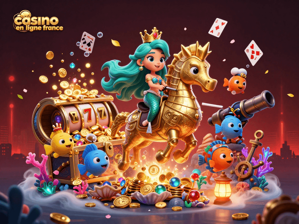 Plongez dans l'univers du casino en ligne France avec une sirène et son hippocampe, entourés de trésors sous-marins et de rouleaux de machines à sous.