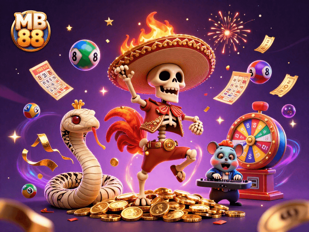Watch MB 88 come alive with vibrant casino energy featuring a dancing rooster and lottery elements!