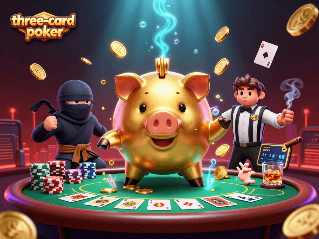 Engage in three-card-poker excitement with dynamic characters and vibrant casino elements.