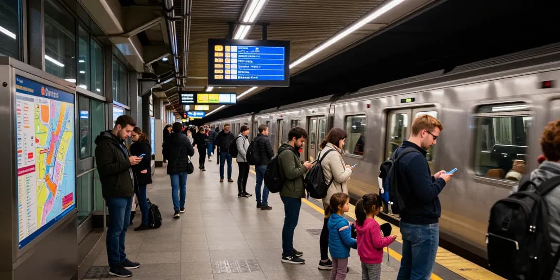 Commuters at an urban subway station checking line schedule updates as a train approaches.