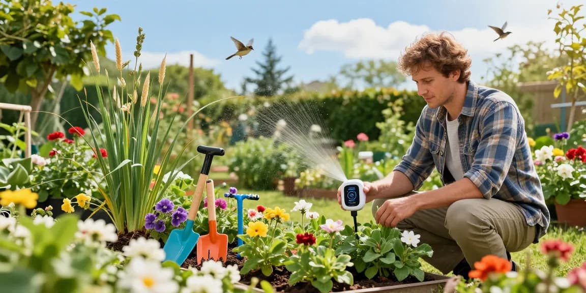 Gardener installing a rainpoint wifi water timer in a vibrant garden filled with colorful flowers.