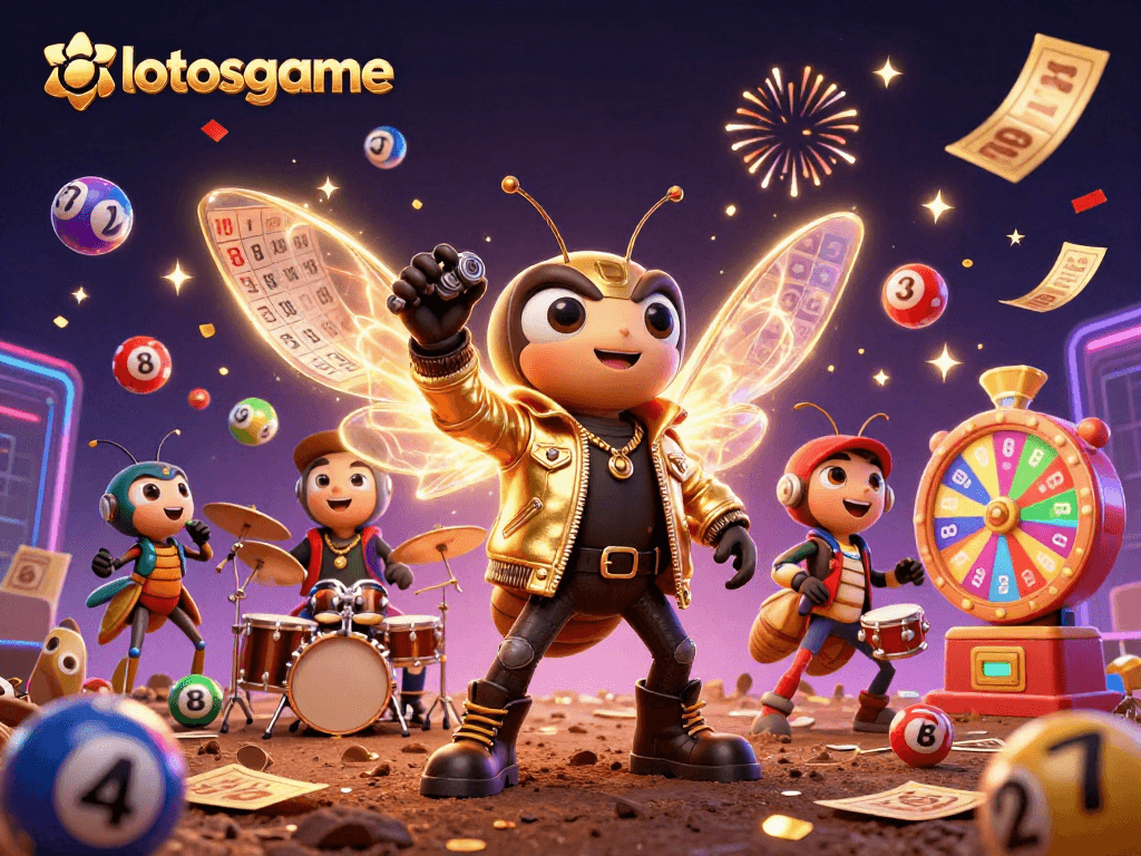 Win with lotosgame in this vibrant casino scene featuring dynamic lottery elements.