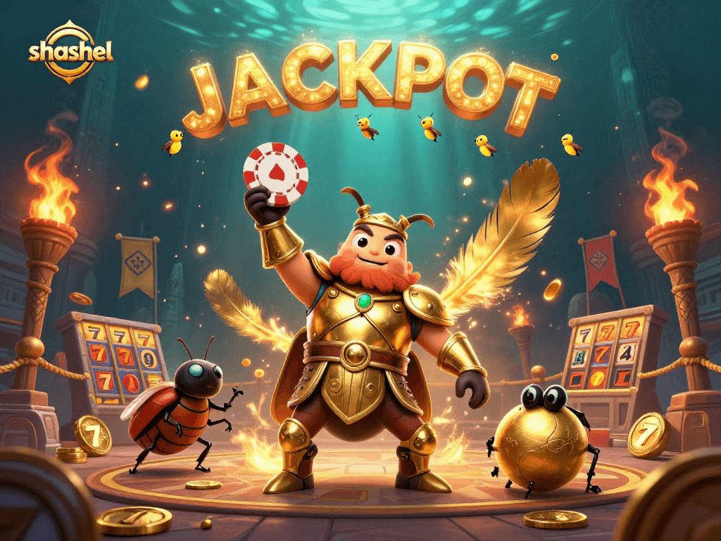 shashel's lively 3D scene showcases a victorious beetle in armor lifting a poker chip with dynamic casino elements.