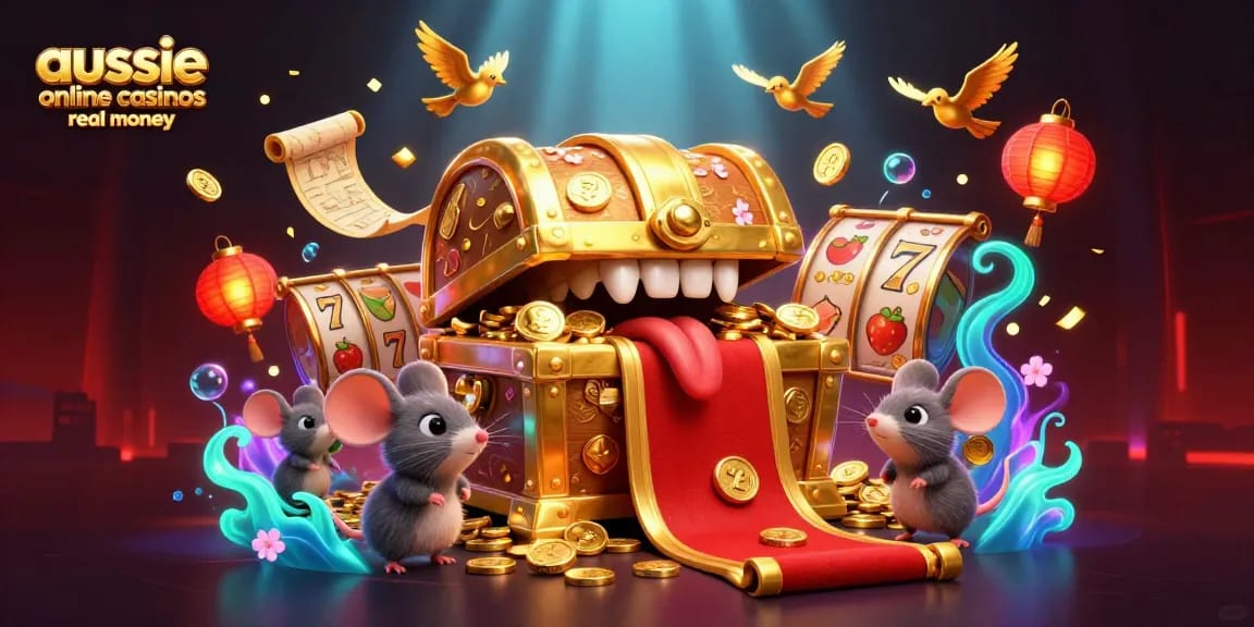 Aussie online casinos real money scene depicting treasure chest mimic enticing mice, vibrant slot game elements, and 3D illustrations