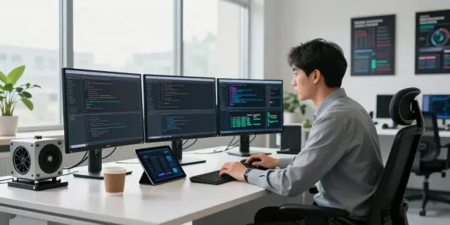 Engineer coding GPU computing algorithms in a modern tech workspace
