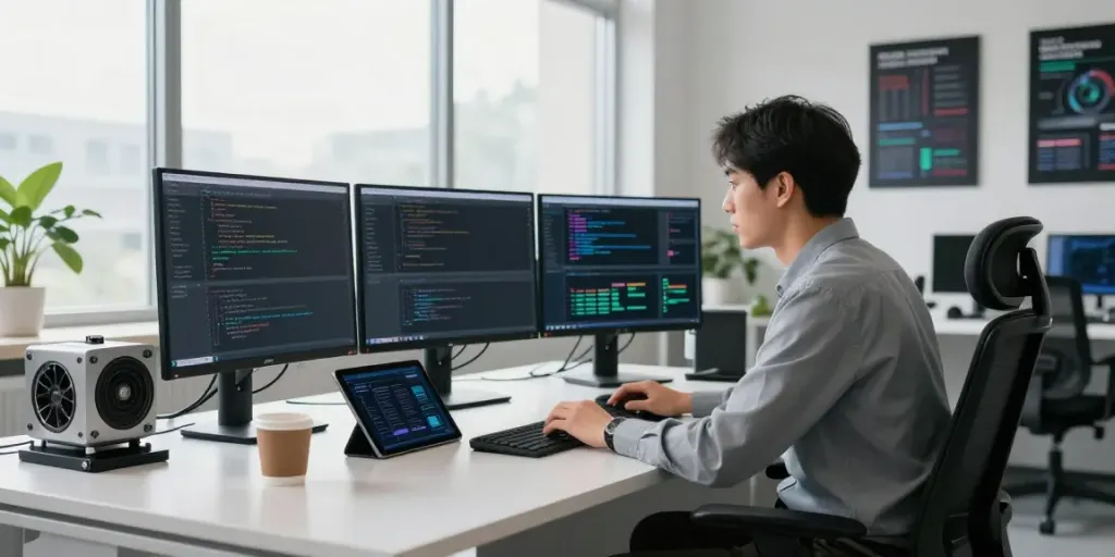 Engineer coding GPU computing algorithms in a modern tech workspace