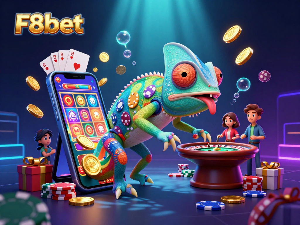 Engage in thrilling casino adventures with F8bet in a vibrant, dynamic 3D illustration.