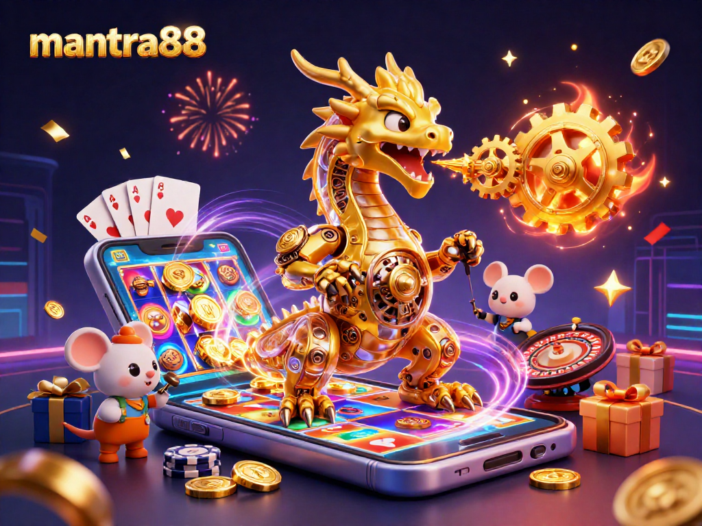Experience mantra88 with exciting slot games alongside a golden dragon and colorful casino elements.