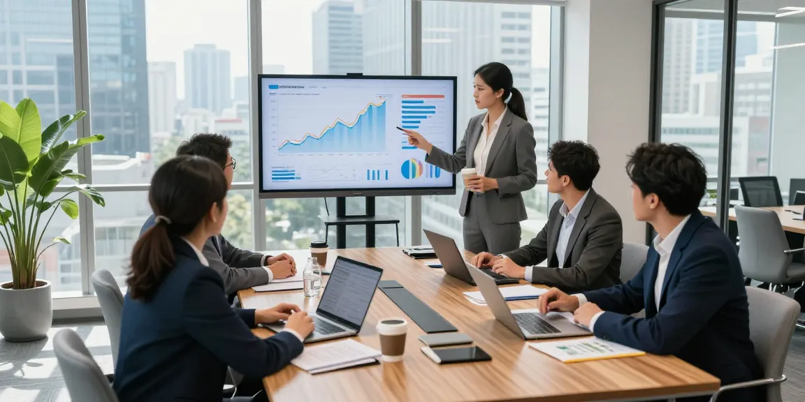 Dynamic team collaboration at https://www.bdtjl.app/ with data analysis and strategic metrics in a modern office.