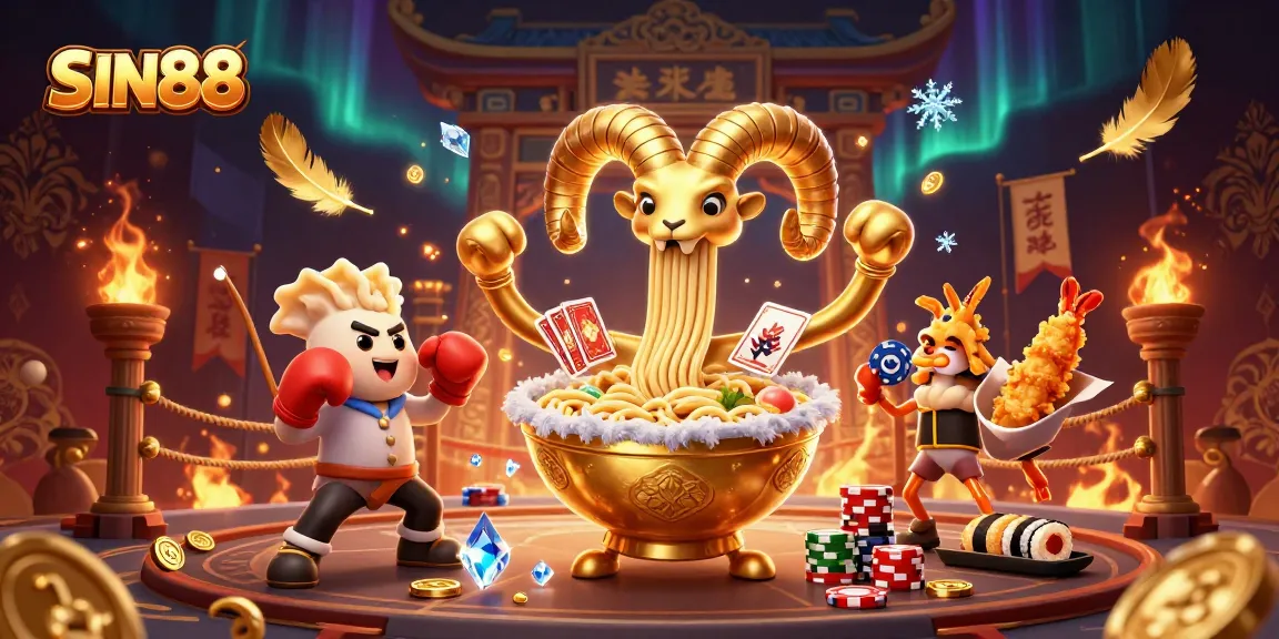 SIN88 showcases an epic 3D casino scene with a ramen bowl dealer, gyoza, sushi, and cheerleaders