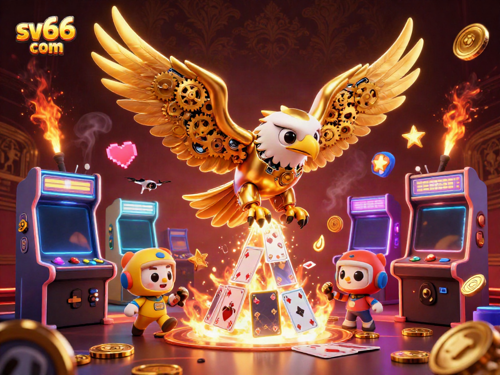 Experience thrilling gameplay at sv66 com with a golden eagle diving through a cascade of holographic cards.