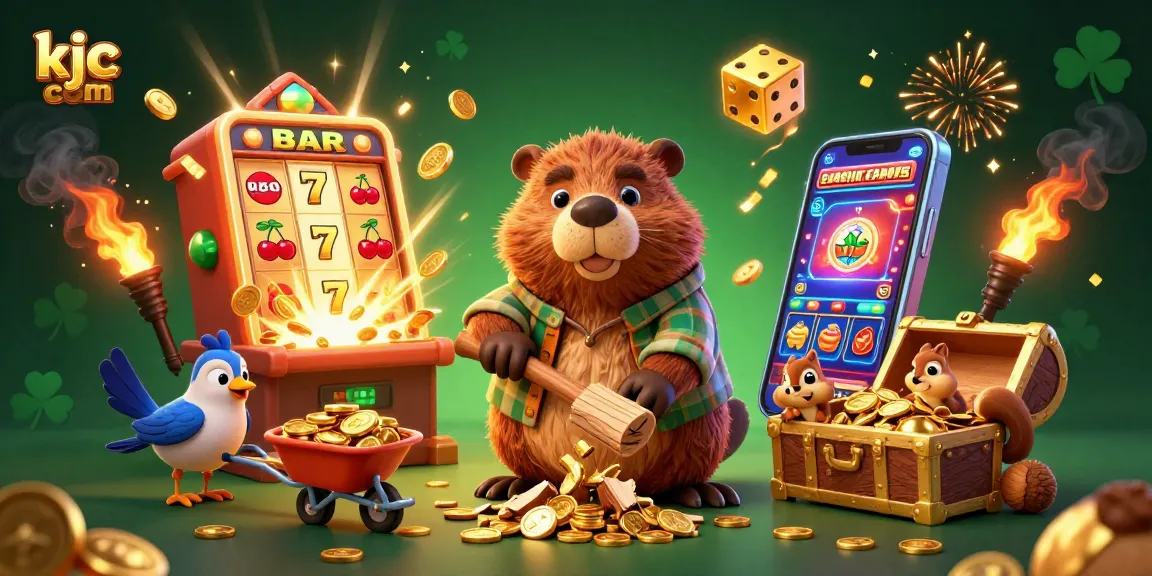 Bet big with kjc com as a cheerful beaver illustrates jackpot excitement with golden coins raining down.