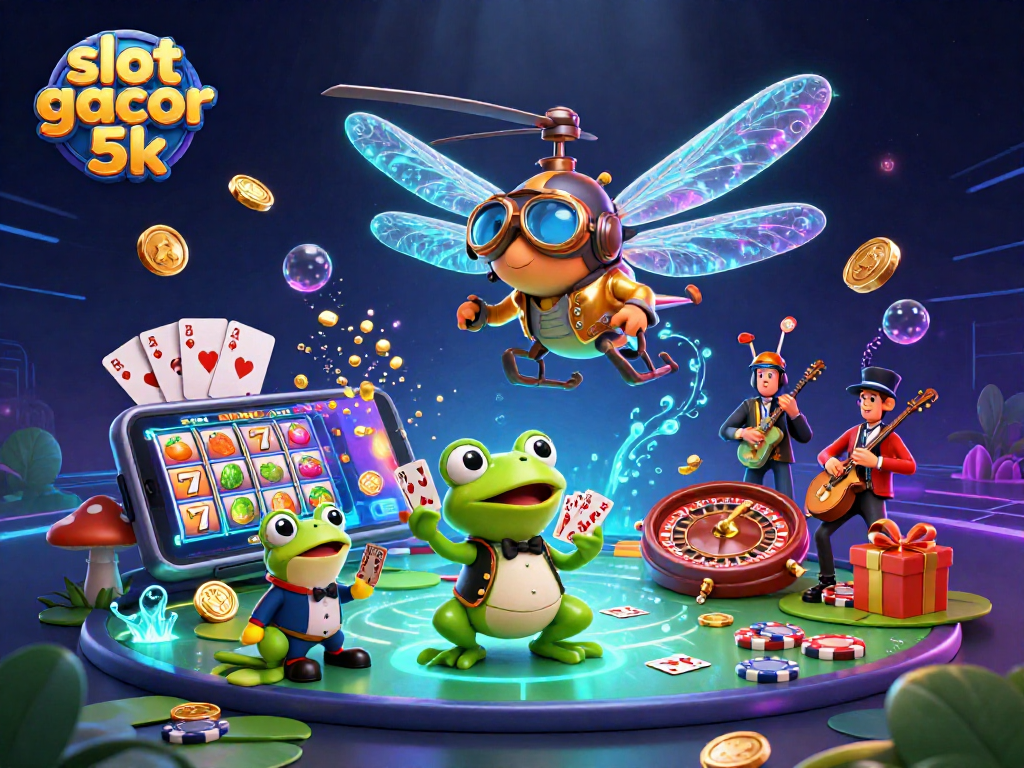 Engage in thrilling gameplay with slot gacor 5k, showcasing vibrant slot reels and lively casino characters.