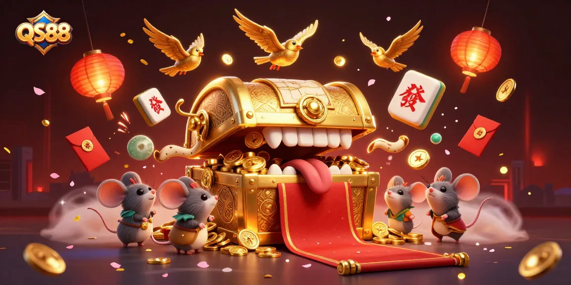 Experience exciting gameplay at QS88 with dynamic treasures and festive elements in a vibrant casino scene
