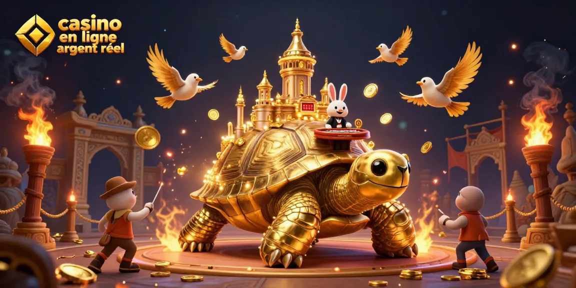 Gagnez au casino en ligne argent réel avec une scène 3D captivante d'un palais sur une tortue dorée.
