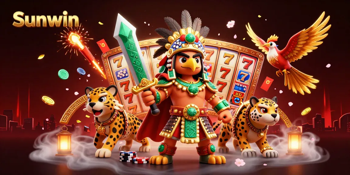 Experience thrilling gameplay with Sunwin's dynamic casino illustration showcasing lively slot actions.