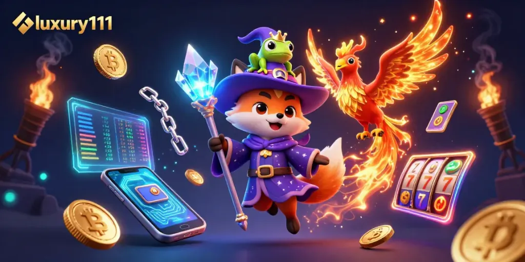 Luxury111 slot experience with a mystical wizard fox and phoenix, gaming icons galore