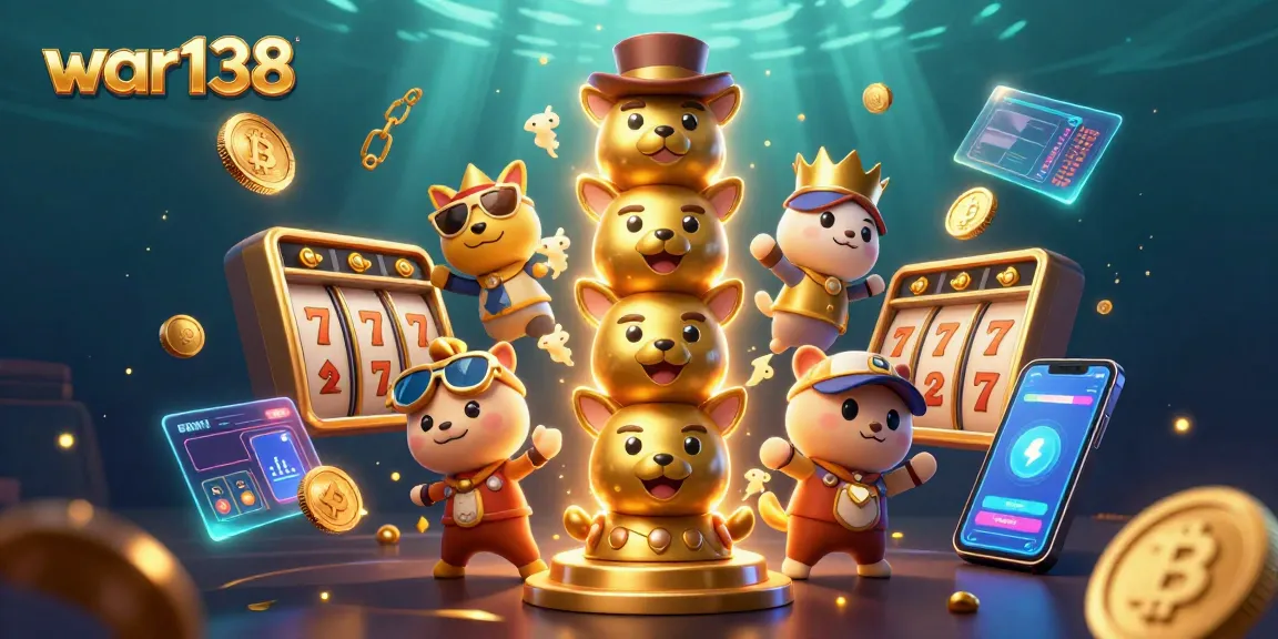 Win big at war138 with a vibrant 3D illustration showcasing casino games, Bitcoin, and lively characters.