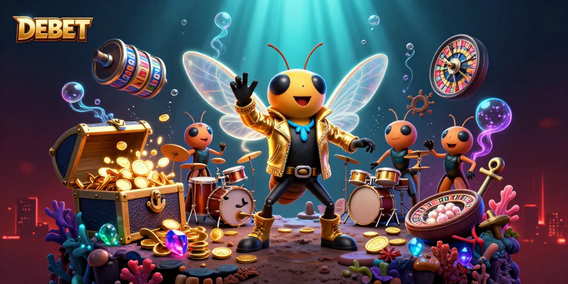 Experience an electrifying DEBET scene with a rock star cicada in a vibrant casino setting.