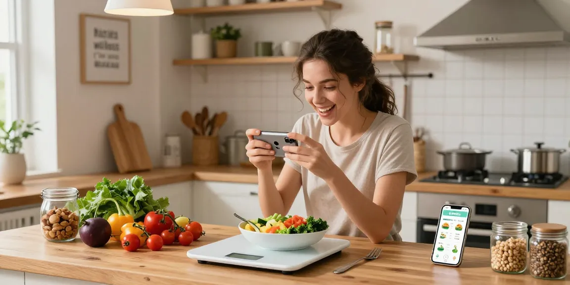 Using the best nutrition app to track healthy meals in a cozy kitchen.