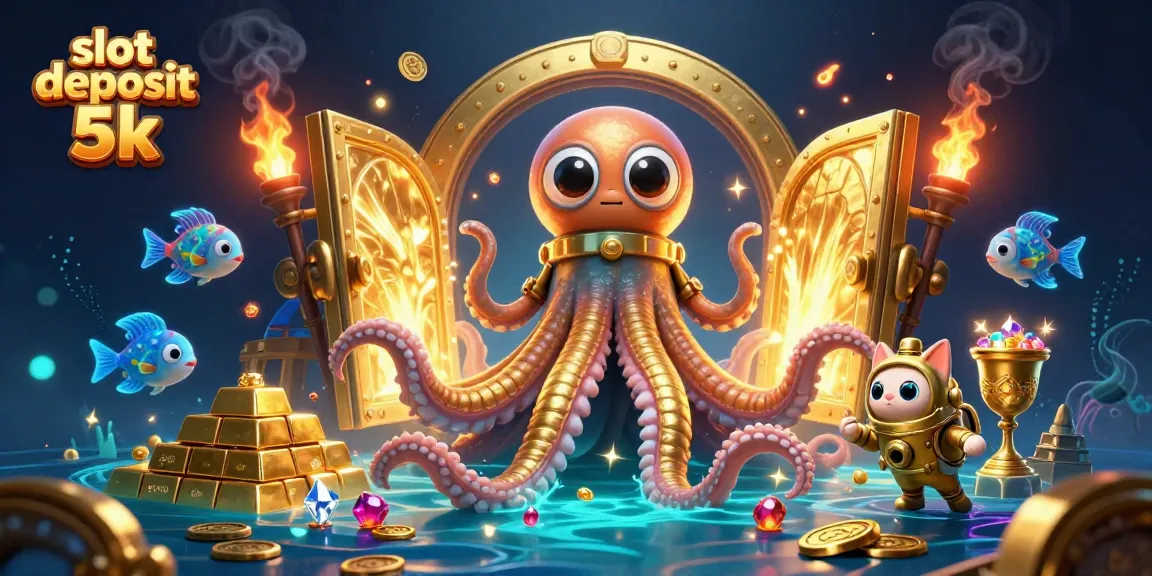 Engage in thrilling games with slot deposit 5k, featuring treasures and a playful diving cat.