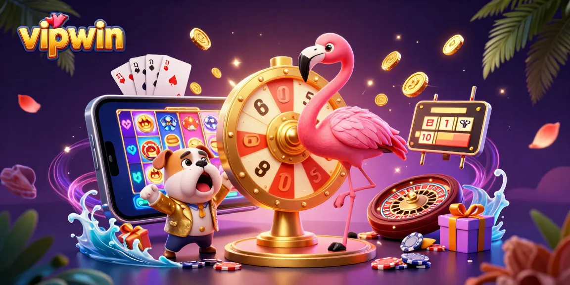 Experience vipwin with a dynamic game show featuring a flamingo host, excited bulldog contestant, and thrilling casino elements.