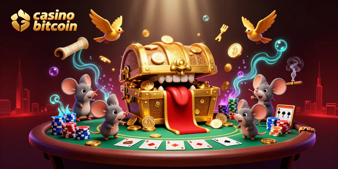 Giocatori affrontano il tavolo da poker in un casino con bitcoin, con monete digitali e ricchezze in vista.