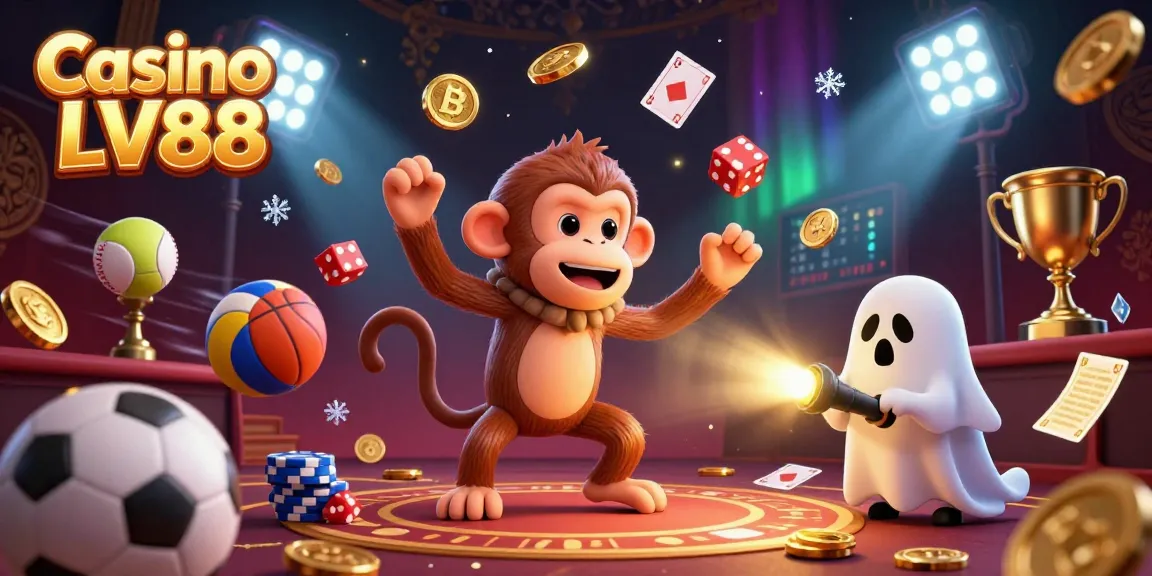Engaging illustration of Casino LV88 showcasing a playful ghost monkey juggling golden casino items amid sports elements.