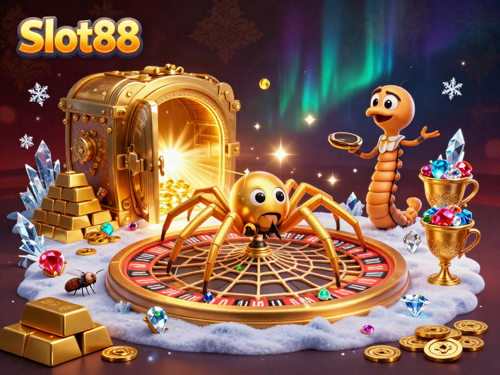 Gambar Slot88 yang menggambarkan laba-laba emas berputar dengan roda roulette, menambah keseruan taruhan.