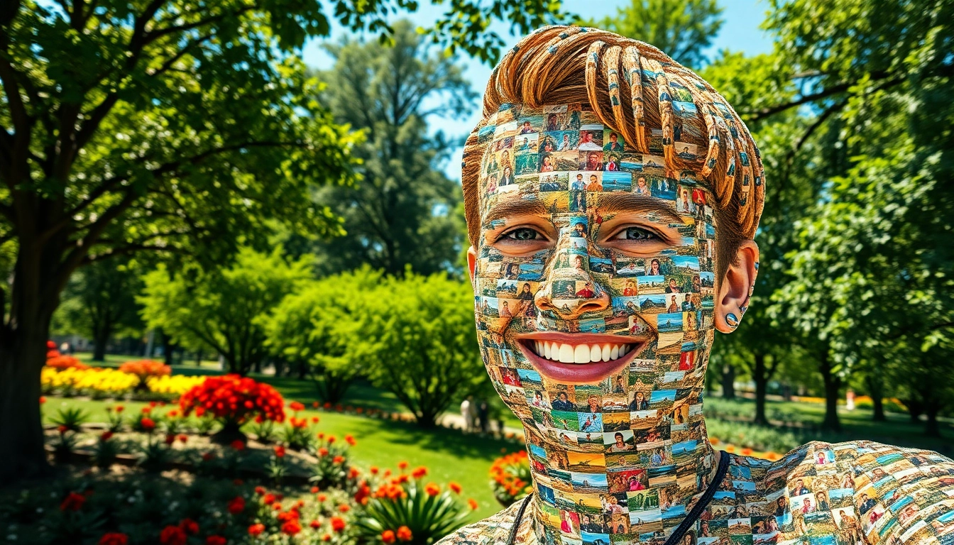 Bright and colorful selfie mosaic showcasing a large portrait made from numerous smaller photos.