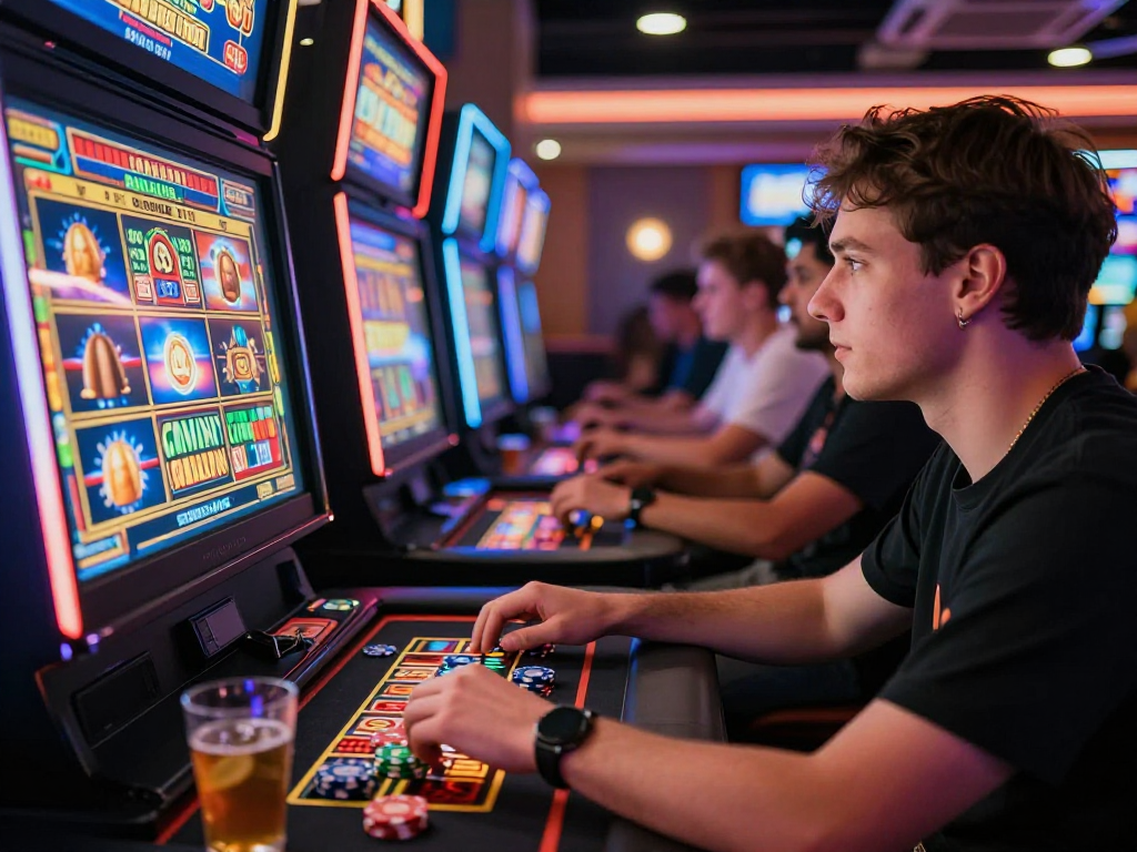 Slot gacor di meja kasino yang penuh dengan pemain bersemangat dan suasana yang ramai.