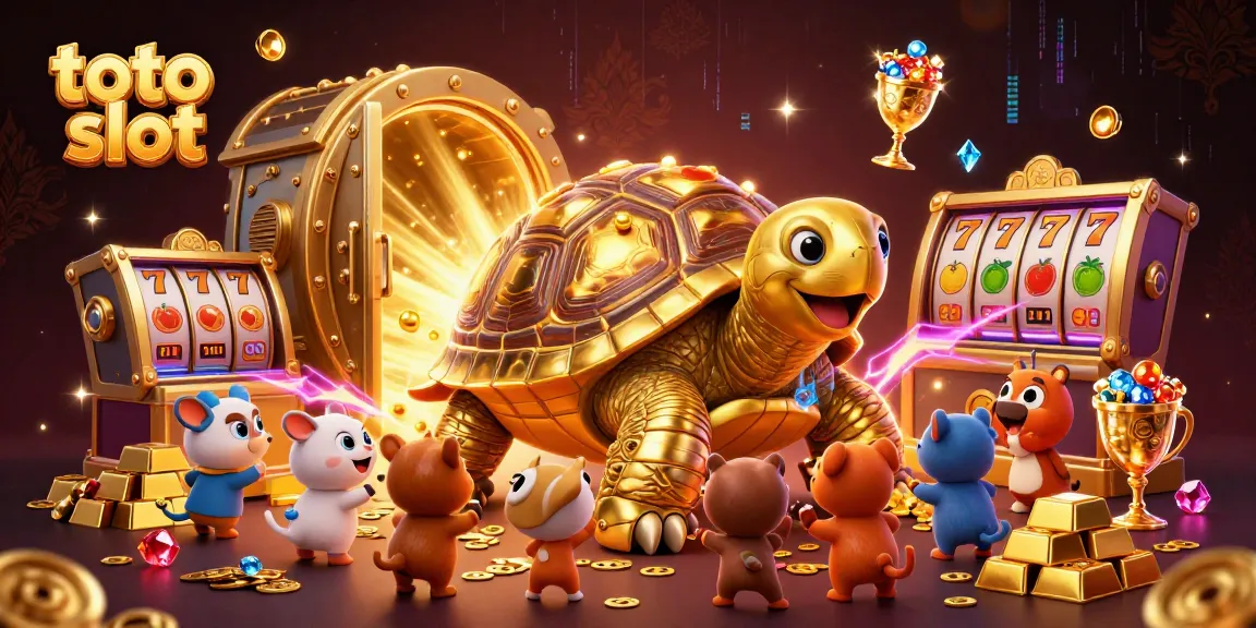 Toto slot scene with a golden tortoise pinball machine surrounded by gold treasures and excited animals.