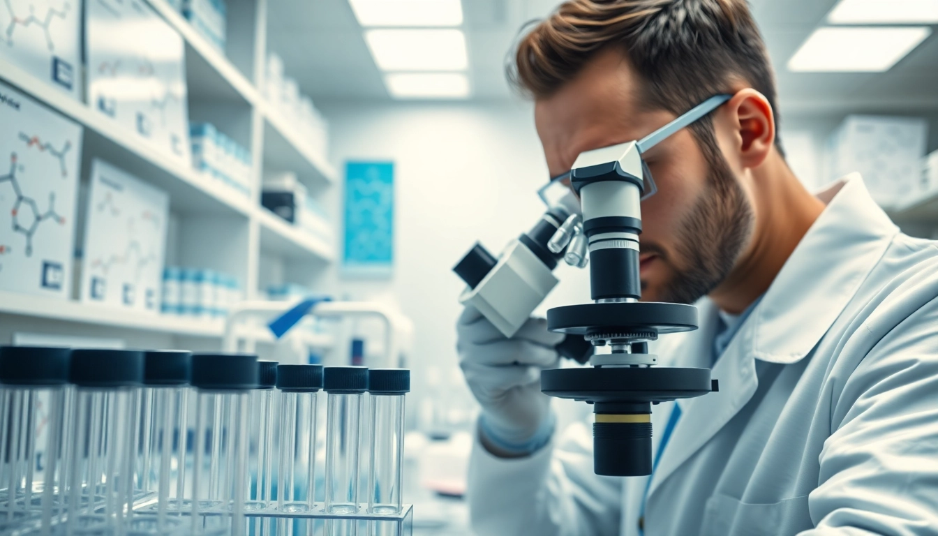 Scientist examining ion peptide structures in a professional research laboratory.