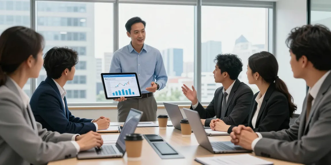 Team discussing sba loan to buy a business in modern office meeting, showcasing collaboration and data-driven decision-making.