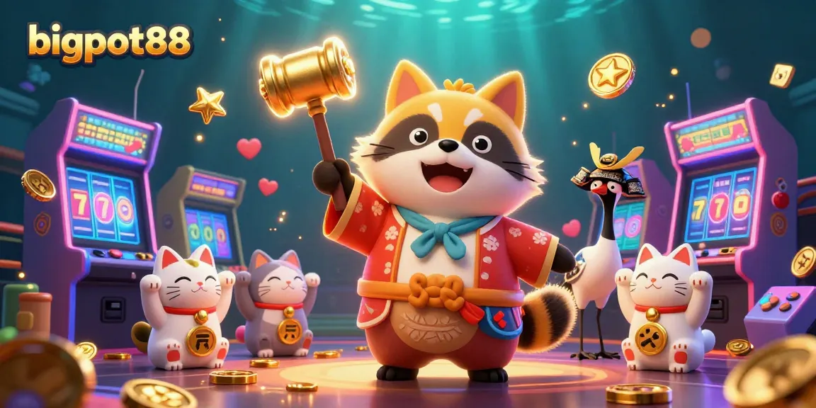 Enjoy the lucky charm of bigpot88 with a cheerful tanuki and colorful casino elements in action.