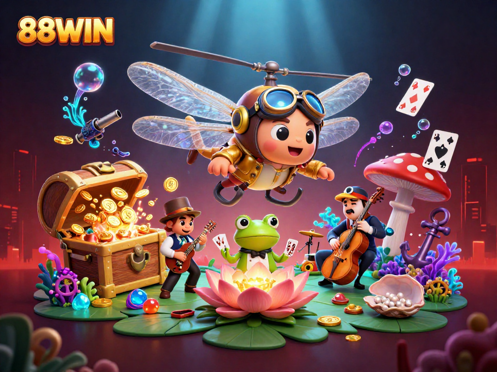 Play and win at 88WIN with a lively casino scene featuring a dragonfly pilot, frog croupier, and musicians.