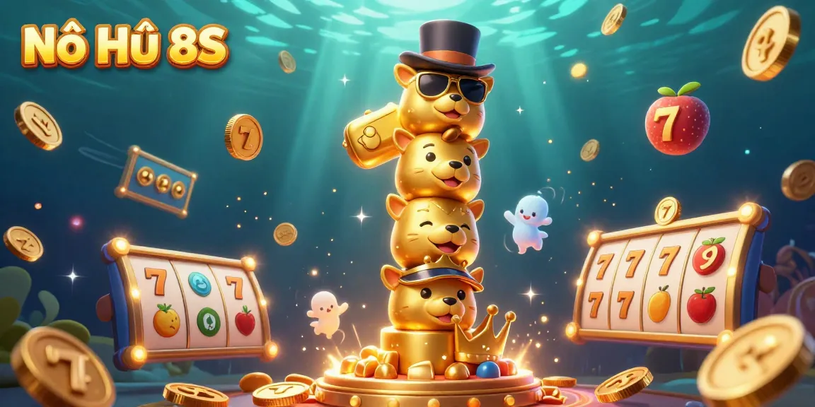 Nổ Hũ 8S captures the excitement of jackpot slots with vibrant symbols and dynamic elements in a casino-themed scene.