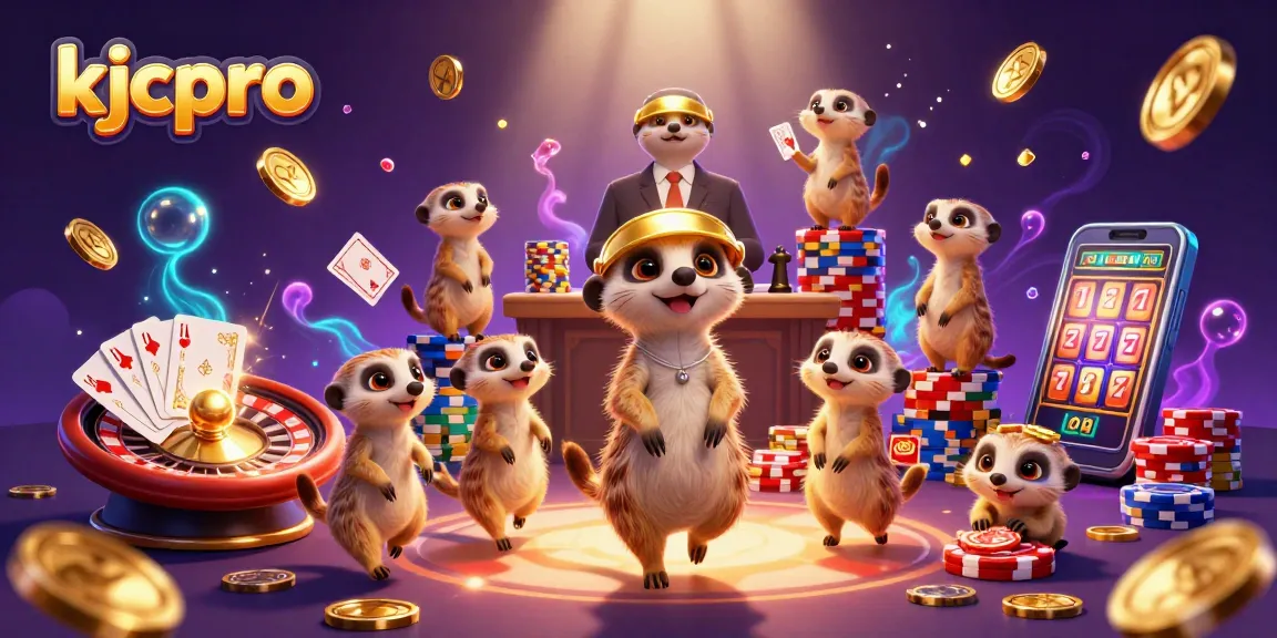 KJCPro meerkats in a dynamic casino scene, showcasing exciting gaming with vibrant colors and lights.