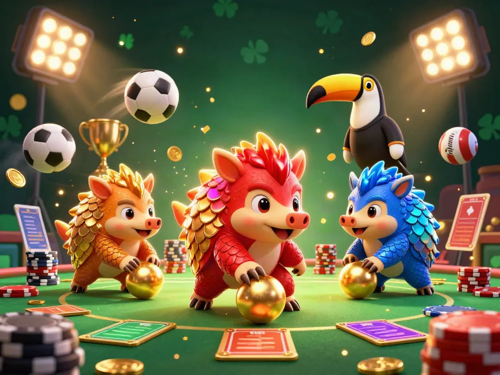 ภาพการ์ตูน 3D ที่มี pangolins คู่แข่งในชุดเกราะๆ สีน้ำเงินและแดง พร้อมรูปแบบของวัฏจักรเกม ufa