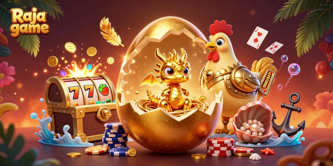 Engage with Raja game slots as a colossal golden egg reveals a golden dragon on poker chips.