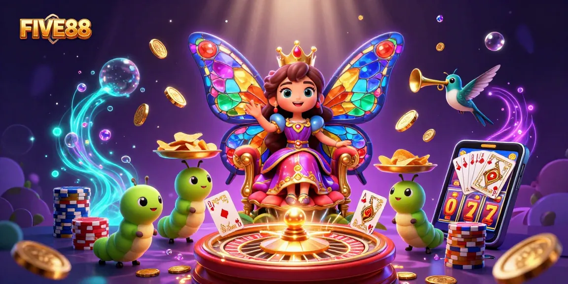 Engage in thrilling gaming at FIVE88 with vivid casino elements and magical characters.