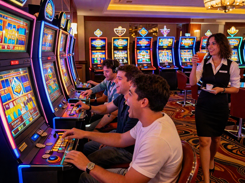 Vibrant casino scene with players enjoying สล็อตเว็บตรง slot machines, lively atmosphere.