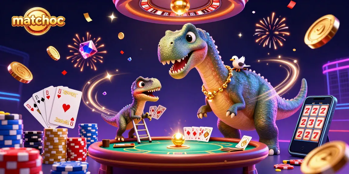 Experience matchuoc magic as a brontosaurus peers over a lively casino with dazzling game elements.