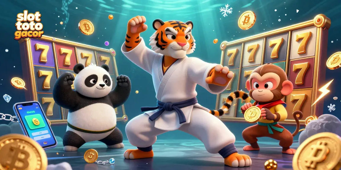 Engage with slot toto gacor in this colorful 3D scene of kung fu characters amidst jackpot elements.