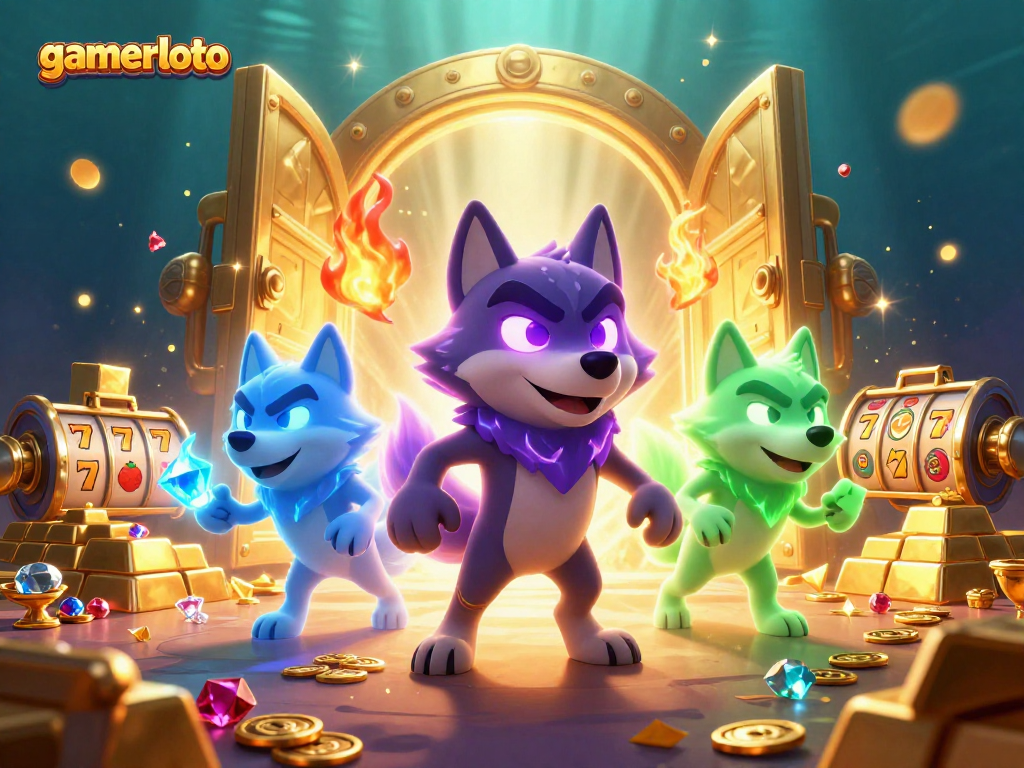 Experience gamerloto's dynamic gaming scene with spectral wolf leaders and sparkling treasures.