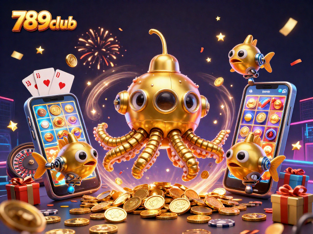 Win on the 789club with a dynamic 3D illustration of exciting casino elements like golden coins and slot games.