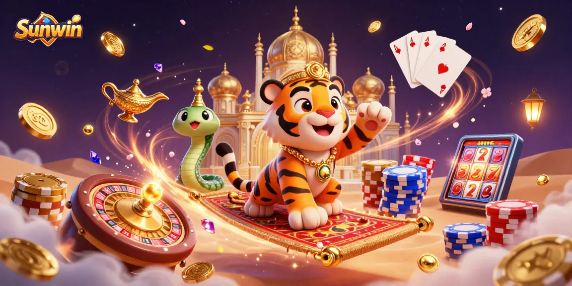Experience the thrill of Sunwin's casino magic with a vibrant 3D illustration of a sultan and treasures.